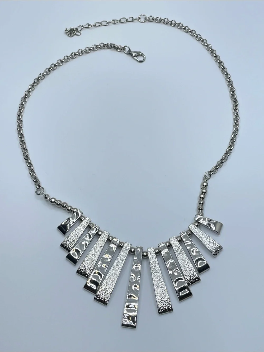 Silver Tone Fringe Bar Statement Necklace Textured Modern Bib